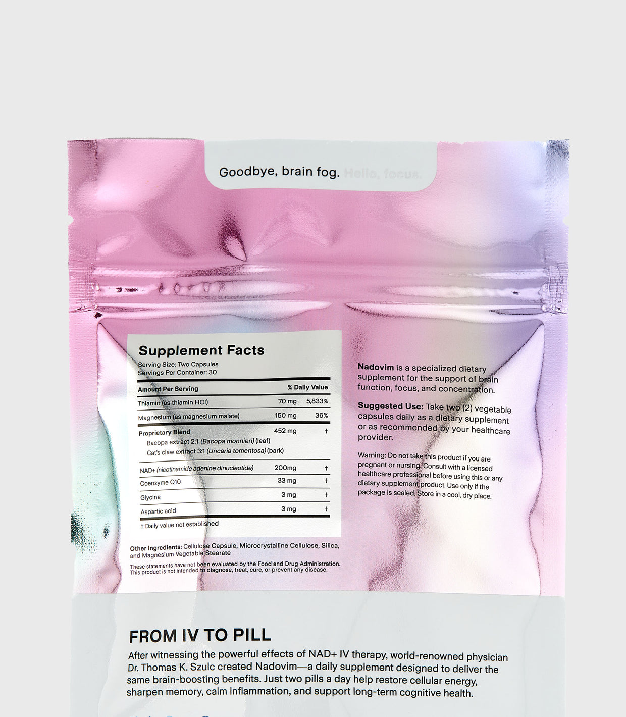 Load image into Gallery viewer, Nadovim contains 200mg of NAD+, 33mg of Coenzyme Q10, 3mg of glycine, 3mg of aspartic acid, 70mg of thiamin (as thiamin HCI), 150mg of magnesium (as magnesium malate), and 452mg of a proprietary blend of bacopa extract 2:1 and cat's claw extract 3:1
